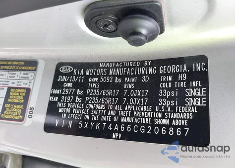 2012 Kia Sorento Lx z USA, uszkodzony, nr VIN 5XYKT4A66CG206867